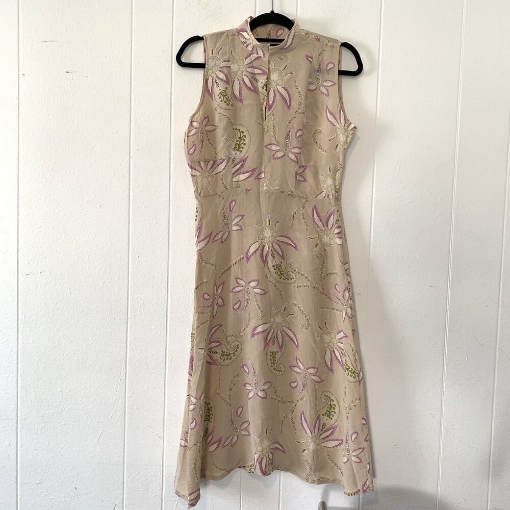Vtg Mossimo Womens Small Dress 100% Silk Midi Sleeveless Floral Purple Beige NEW
